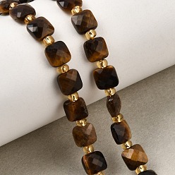 Tiger Eye Natural Tiger Eye Beads Strands, Faceted Square, with Seed Beads, 6x6x3.5~4mm, Hole: 0.8mm, about 48pcs/strand, 14.96''(38cm)