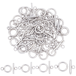 Stainless Steel Color 40Sets 4 Style 304 Stainless Steel Toggle Clasps, Ring, Stainless Steel Color, 16.5x12x2mm, Hole: 3mm