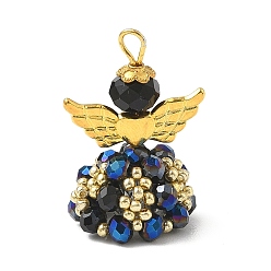 Полуночно-синий Подвески гальванизируйте стекла, ангел, с золотыми бусинами из сплава и железной петлей, граненые, темно-синий, 31x21.5x19 мм, отверстие : 4 мм