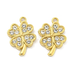 Настоящее золото 18K 304 подвески из нержавеющей стали, с кристально горный хрусталь, клевер амулеты, реальный 18 k позолоченный, 17x11.5x2 мм, отверстие : 1.4 мм