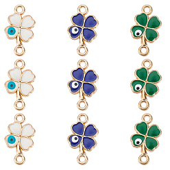 Mixed Color Golden Plated Alloy Links, with Enamel, Clover with Evil Eye, Mixed Color, 19.6x12x2mm, Hole: 1.6mm, 3 colors, 10pcs/color, 30pcs/box