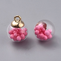 Deep Pink Transparent Glass Globe Pendant, with Glass Beads inside and CCB Plastic Pendant Bails, Round, Golden, Deep Pink, 24x18mm, Hole: 2mm