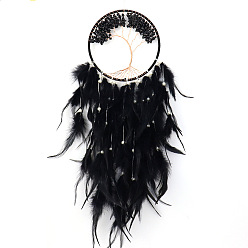 Черный Древо жизни, обернутое натуральной черной кварцевой крошкой, плетеная паутина/сетка с украшениями из перьев, подвесные украшения для домашней спальни, чёрные, 600x160 мм