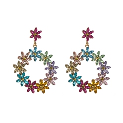 Mixed Color Alloy Rhinestone Stud Earrings, Flower, Mixed Color, 62x45mm