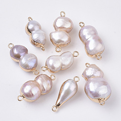 Thistle atural Cultured Freshwater Pearl Links connectors, with Brass Loop, Edge Plated, Calabash, Golden, Thistle, 23~31x9~15x8.5~14mm, Hole: 1.8mm