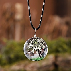 Белый Плоские круглые стеклянные ожерелья с подвеской в виде сухоцвета и дерева внутри, черные вощеные шнуры, белые, 17.52 дюйм (44.5 см)