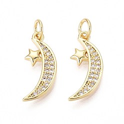 Настоящее золото 16K Латунные микро проложить кубического циркония подвески, Луна и звезды, с целью перехода в кольце, реальный 16 k позолоченный, 19x8x2 мм, отверстие : 3 мм