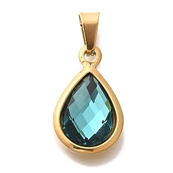 Синий Стеклянные подвески, с золотой фурнитурой 304 из нержавеющей стали, вакуумное покрытие pvd, слеза, синие, 21.5x13x5.5 мм, отверстие : 3.5x6 мм