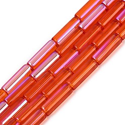 Orange Red Electroplate Transparent Glass Beads Strands, Tube, Rainbow Plated, Half Plated, Orange Red, 13~13.5x4~4.5mm, Hole: 0.5~0.8mm, about 27~30pcs/strand, 13.98~15.75 inch(35.5~40cm)