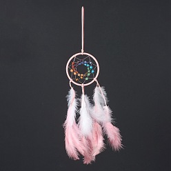 Pink Подвесные украшения из синтетических и натуральных камней, с хлопчатобумажной нитью, тканая сеть / паутина с пером, розовые, 490 мм