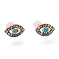 Черный Цвет Металла & Золотой Латунные микро проложить серьги стержня кубического циркония, с пластиковыми гайками уха, долговечный, глаз, красочный, металлический черный & золотой, 6x10 мм, штифты : 0.8 мм