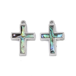 Раковина 304 подвески из нержавеющей стали, Подвески-крестики из натуральной ракушки пауа, цвет нержавеющей стали, 16.9x11.5x1.8 мм, отверстие : 1.4 мм