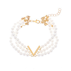 White Natural Pearl Beaded Triple Layer Multi-strand Bracelet, Alloy Letter V Link Bracelet, White, 9-1/8 inch(23cm)