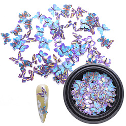 Deep Sky Blue Paper Cabochons, Nail Art Decorations, Lifelike Butterfly, Deep Sky Blue, 4~8x5~10x0.1mm, about 100pcs/box