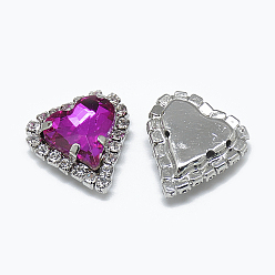 Fuchsia Sew on Rhinestone, Multi-strand Links, Glass Rhinestone, with Platinum Tone Brass Prong Settings, Garments Accessories, Heart, Fuchsia, 18x17x6mm, Hole: 0.8mm