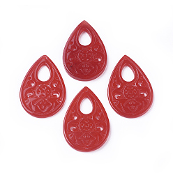 Красный Резные натуральные белые нефритовые подвески, окрашенные, слеза, красные, 41~41.5x27x2~3 мм, отверстие : 1.2~1.4 мм