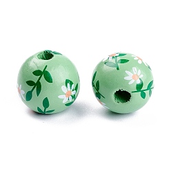 Green Spray Painted Natural Wood Beads, Round with Flower Pettern, Green, 15.5mm, Hole: 3~5mm