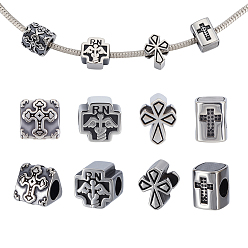 Античное Серебро 8 шт. 4 стили 304 европейские бусины из нержавеющей стали, бусины с большим отверстием, кубовидный с крестом, античное серебро, 11~13x8~11x7~11 мм, отверстие : 5 мм, 2 шт / стиль