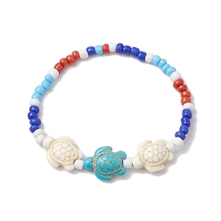 Turtle Summer Beach Turtle Synthetic Turquoise & Pearl Bracelet Sets, 4mm Round Glass Seed Beaded Stackable Stretch Bracelets for Women, Turtle, Inner Diameter: 2-1/8 inch(5.5cm), 1pc/style