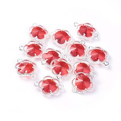 Red Glass Links connectors, with Eco-Friendly Alloy Open Back Berzel Findings, Faceted, Flower, Silver Color Plated, Red, 15.5x12x4mm, Hole: 1.4mm