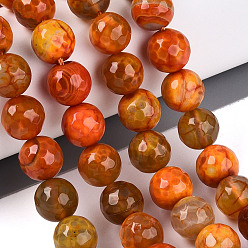 Коралловый Нити окрашенных и нагретых натуральных агатовых бус с огненным кракелюром, круглые, граненые, коралл, 9.5~10 мм, отверстие : 0.8~1.3 мм, около 37~38 шт / нитка, 14.17~14.96 дюйм (36~38 см)