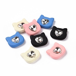 Mixed Color Acrylic Cabochon, with Acrylic Rhinestone, Cat Head with Heart, Mixed Color, 22x25x8mm