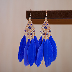 Синий Серьги-люстры из сплава ромбов со стразами, с пером, золотые, синие, 120 мм