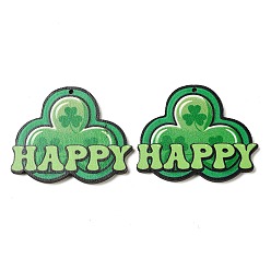 Green Saint Patrick's Day Single Face Printed Wood Big Pendants, Clover Charms with Word Happy, Green, 41.5x51x2.5mm, Hole: 2mm