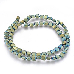 Green Plated Electroplated Non-magnetic Synthetic Hematite Beads Strands, Frosted, Hexagon, Green Plated, 6x6x3mm, Hole: 1mm, about 72pcs/strand, 15.94 inch(40.5cm)