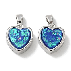 Платина Стойки обшивки латунные подвески, с имитацией опала из смолы и блестками, долговечный, без свинца и без кадмия, сердце, платина, 13x11.5x4.5 мм, отверстие : 4x2 мм