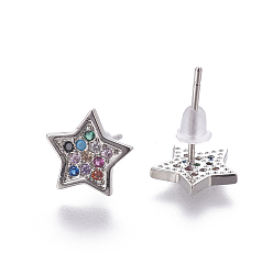 Платина Латунь кубического циркония серьги стержня, звезда, красочный, платина, 9.5x10x1.5 мм , штифт: 0.9 мм