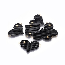 Black MIYUKI & TOHO Handmade Japanese Seed Beads Links, Loom Pattern, Heart, Black, 22x29x1.7mm, Hole: 2.5mm