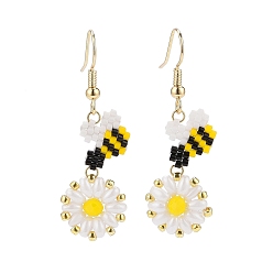 White Glass Seed Braided Bee with Flower Dangle Earrings, Golden Brass Jewelry for Women, White, 46mm, Pin: 0.6mm