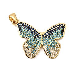 Темно-бирюзовый Латунные микро проложить кубического циркония подвески, бабочка, без свинца и без кадмия, долговечный, реальный 18 k позолоченный, стойки покрытие, темные бирюзовый, 20.5x27.5x2.5 мм, отверстие : 4x3.5 мм