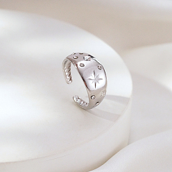 Stainless Steel Color 304 Stainless Steel Rhinestone Cuff Open Rings for Women, Eight-Pointed Star, Stainless Steel Color, 10mm, Inner Diameter: 17mm