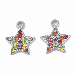 Colorful 304 Stainless Steel Pendants, with Rhinestone, Star, Colorful, 15.5x13x2mm, Hole: 2mm