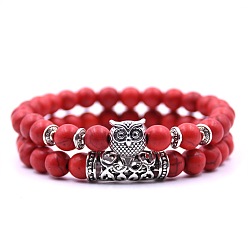 Synthetic Turquoise Synthetic Turquoise Stretch Bracelets Set with Alloy Owl Beaded, Gemstone Jewelry for Women, 7-1/2 inch(19cm), 1Pc/style