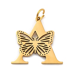 Letter A Ионное покрытие (ip) 201 подвески из нержавеющей стали, письмо с подвесками-бабочками, золотые, буква a, 27x27x1.5 мм, Кольцо: 7x1 mm, отверстие : 5 мм