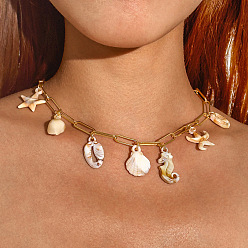Shell Shape Женские ожерелья с подвесками из сплава и натуральных ракушек, золотые, формы раковины, 16.34 дюйм (41.5 см)