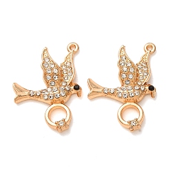 Light Gold Alloy Rhinestone Pendants, Bird with Ring Charms, Light Gold, 25~25.5x20.5~21x5mm, Hole: 1.2mm