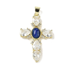 Ляпис-Лазурь Природный лазурит подвески, подвески-кресты из латуни с прозрачным кубическим цирконием, реальный 18 k позолоченный, долговечный, стойки покрытие, 39x25x4.5 мм, отверстие : 6x4 мм