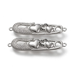 Real Platinum Plated Brass Micro Pave Cubic Zirconia Links Connectors, Safety Pin Shape with Heart, Black & Clear, Real Platinum Plated, 40x10x3.5mm, Hole: 1.2mm