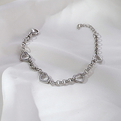 Нержавеющая Сталь Цвет Нержавеющая сталь сердца ссылка браслеты, браслеты-цепочки роло для женщин, полый, цвет нержавеющей стали, 6-3/4 дюйм (17 см)