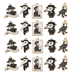 Черный 25шт 5 стилей готический подвеска из сплава, с эмалью, золотой свет, очарование доктора вороны, чёрные, 25~26.5x16~24.5x1.5 мм, отверстие : 2 мм, 5 шт / стиль