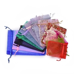 Mixed Color Organza Bags, with Ribbons, Mixed Color, 9~18x7~12.5mm