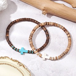 Mixed Color 2Pcs Cross Natural Coconut & Synthetic Turquoise Beads Stretch Bracelets for Men, Mixed Color, Inner Diameter: 2-3/8 inch(6cm)