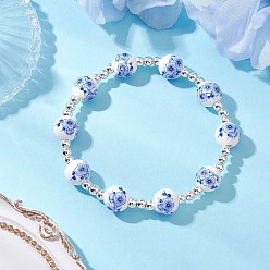 с Покрытием Серебра Гальванизированные немагнитные синтетические гематитовые круглые бусины эластичные браслеты для женщин, с фарфоровыми керамическими бусинами ручной работы с цветочным принтом, со серебряным покрытием, внутренний диаметр: 2-1/2 дюйм (6.3 см)