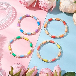 (52) Непрозрачная лаванда 4шт 4 цвета плоские круглые полимерные глиняные бусины эластичные браслеты для женщин, с гальваническим немагнитным синтетическим гематитовым бисером и акриловыми бусинами с имитацией жемчуга, разноцветные, внутренний диаметр: 2-1/4 дюйм (5.8 см)