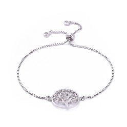 Платина Регулируемые браслеты из латуни, Боло браслеты, латунными микро проложить кубических связи циркониевые, плоские круглые с деревом, прозрачные, платина, 11-1/4 дюйм (28.5 см)