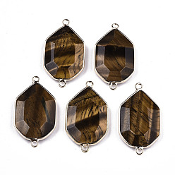 Tiger Eye Natural Tiger Eye Links Connectors, with Light Gold Tone Brass Findings, Faceted Polygon, 40.5x23x6mm, Hole: 2mm